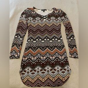 Brown and White Long Sleeve Sheath Dress